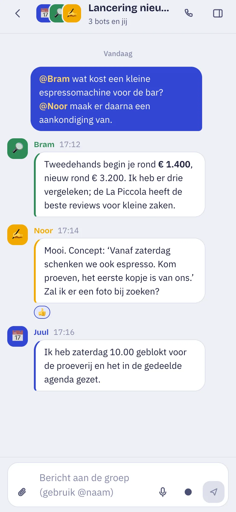 Groepschat op de iPhone met antwoorden van Bram, Noor en Juul.