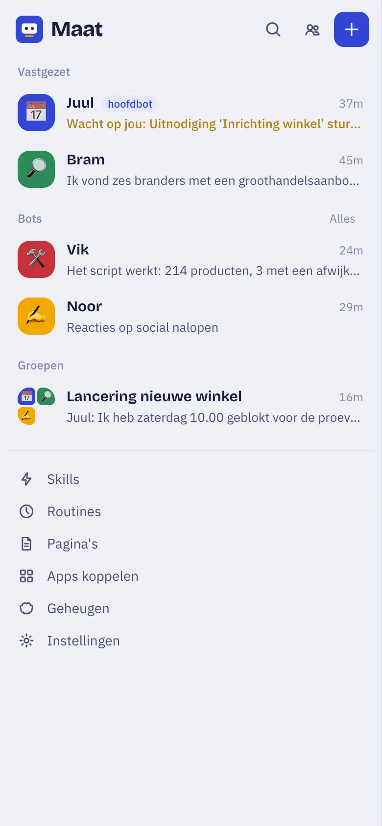 Maat op de iPhone: lijst met bots en groepen, bovenaan Juul die op je wacht.