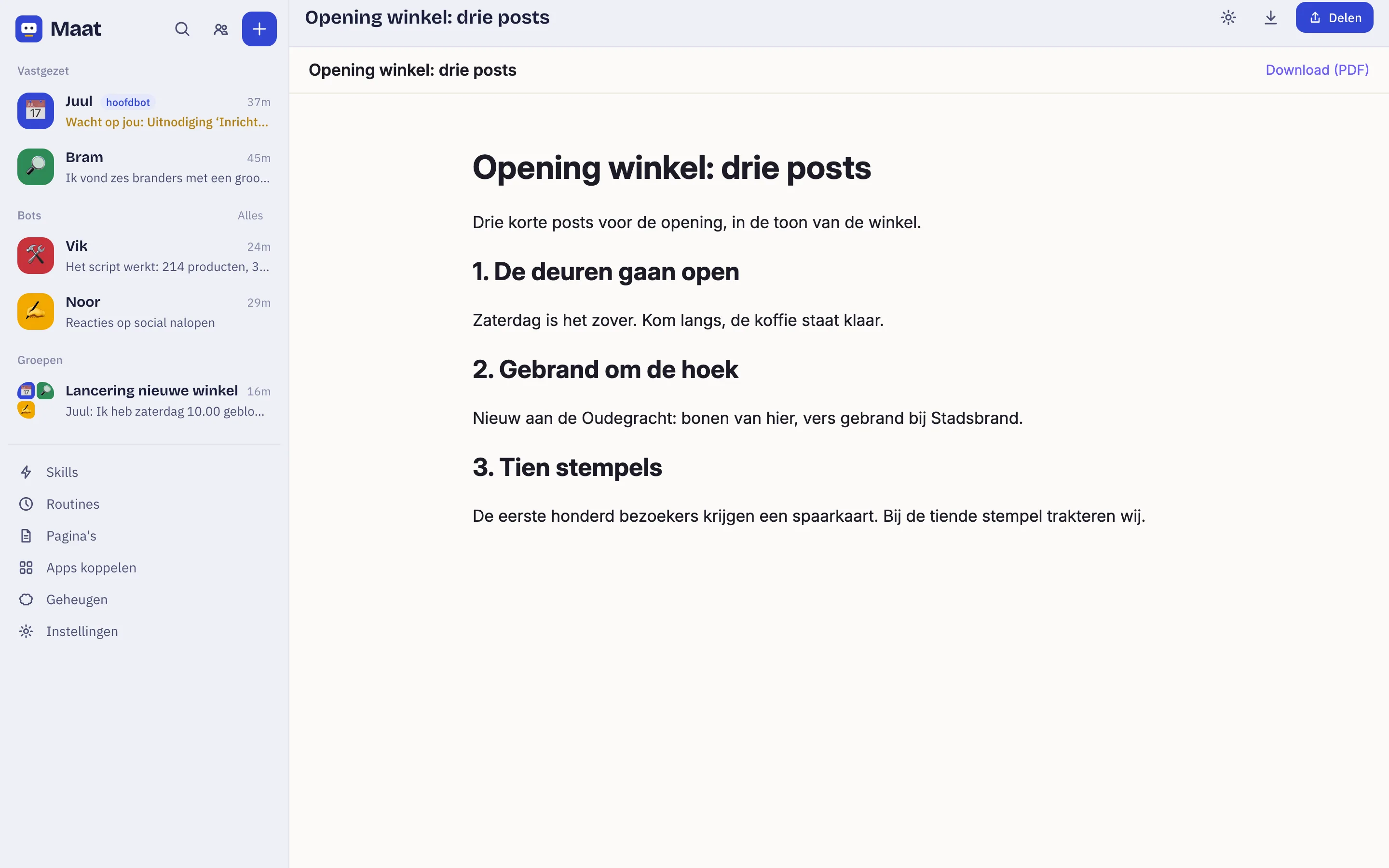 Een pagina met drie korte posts voor de opening van een winkel, met knoppen om te delen en te downloaden.