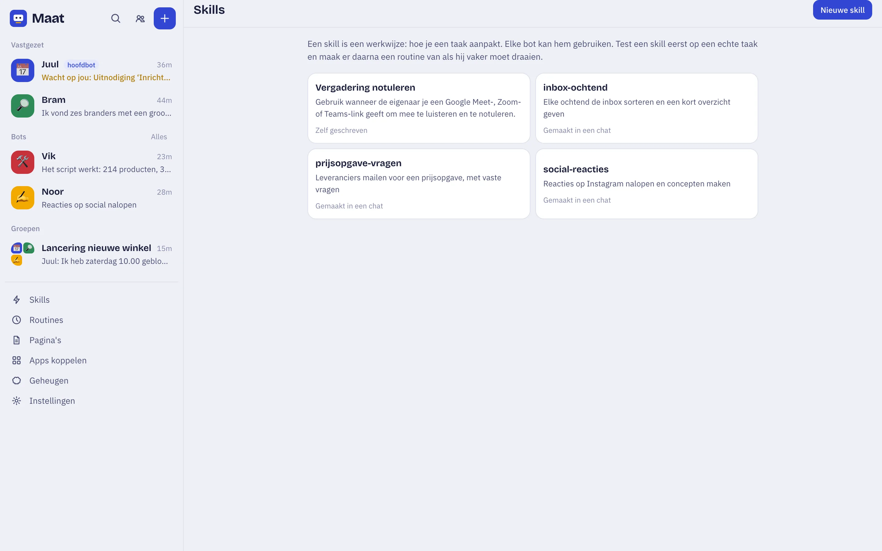 Lijst met skills zoals ‘inbox-ochtend’ en ‘prijsopgave-vragen’.